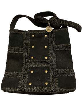 The Sak Black Suede and Crochet Patchwork Crossbody Bag with Studs